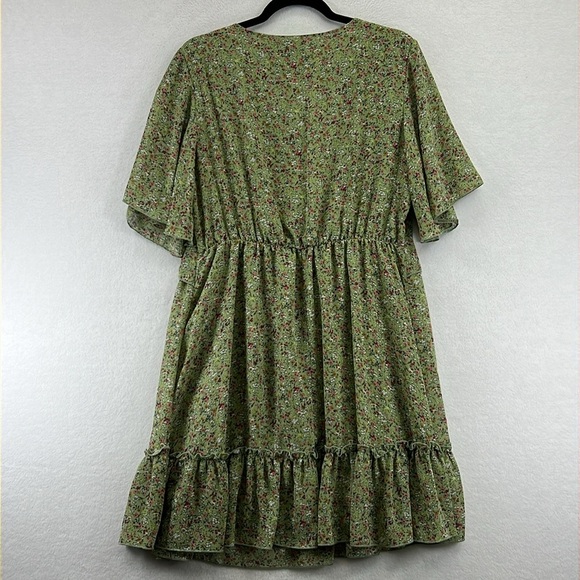 Manydress Dress Sz L Green Floral Print Flutter Sleeves V-Neck Ruffled Hem EUC - Picture 4 of 8